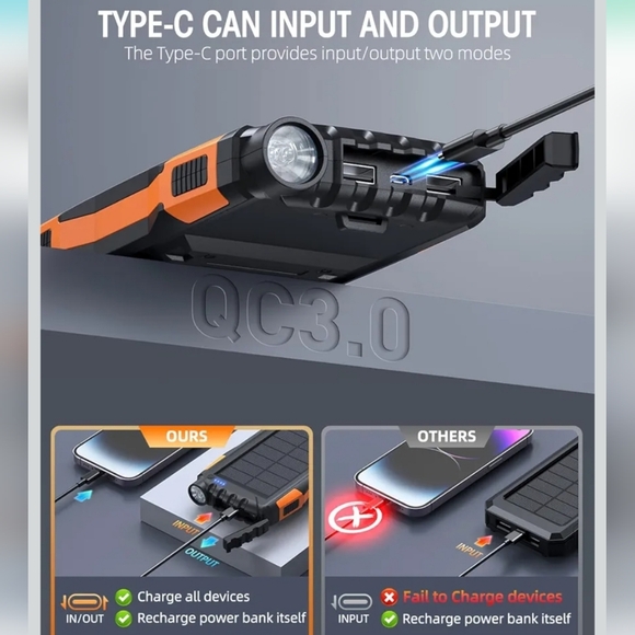 Portable Solar Charger Power Bank with LED Flashlight - Picture 4 of 5